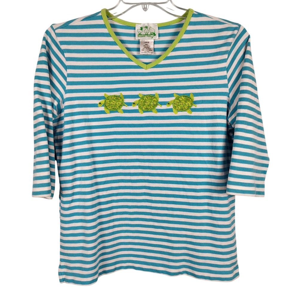 Quacker Factory Womens L Sea Turtle Striped Top Blue White Cotton Coastal Preppy